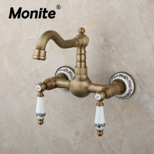 Monite Antique Brass Bathroom Bathtub Faucet Solid Brass Wall Mounted 2 Handles Bathroom Sink Mixer Faucet Hot & Cold Water Tap