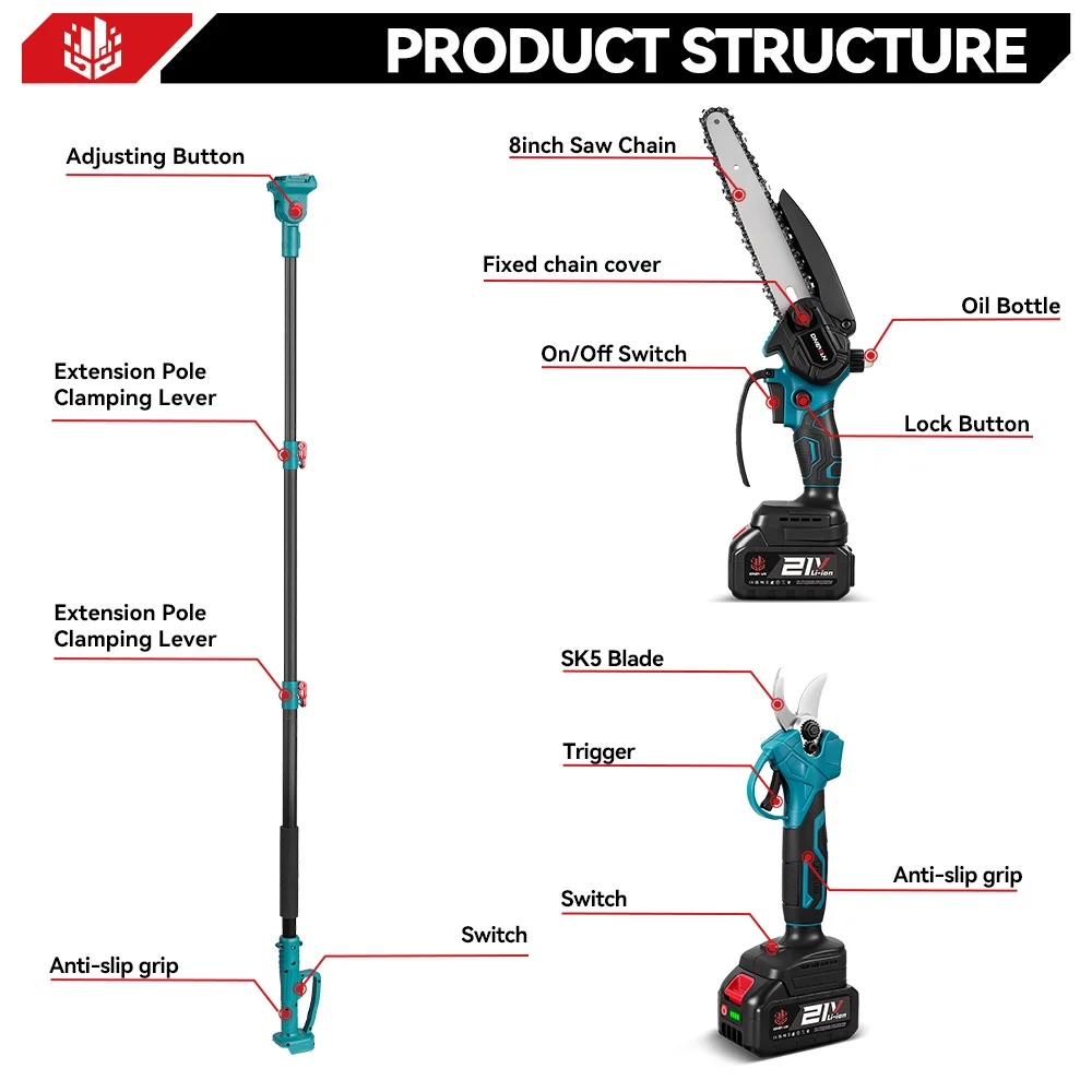 ONEVAN 4IN1 Brushless Telescoping Pole Electric Chainsaw Scissor High Branch Garden Pruning Tool For Makita 18V Battery Pin - Image 5