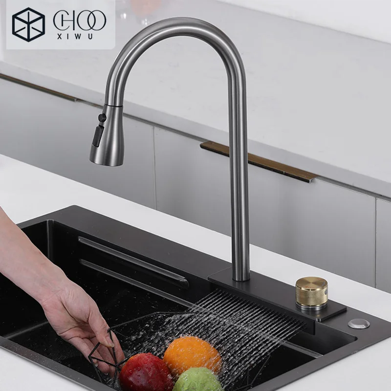 Popular Waterfall Faucet 304 Stainless Steel Hot And Cold Rainfall Kitchen Sink Water Taps Pull Out Spray Kitchen Sink Faucet - Image 2