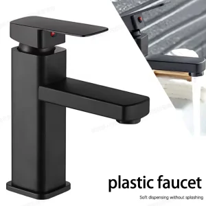 ABS Bathroom Faucet Hot&Cold Mixer Tap Deck Mounted Bathroom Basin Faucets Black Square Washbasin Sink Bathtub Faucet