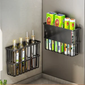 Wall-mounted no-drill storage rack perfectly fits the sides of refrigerators and washing machines, as well as kitchen walls.