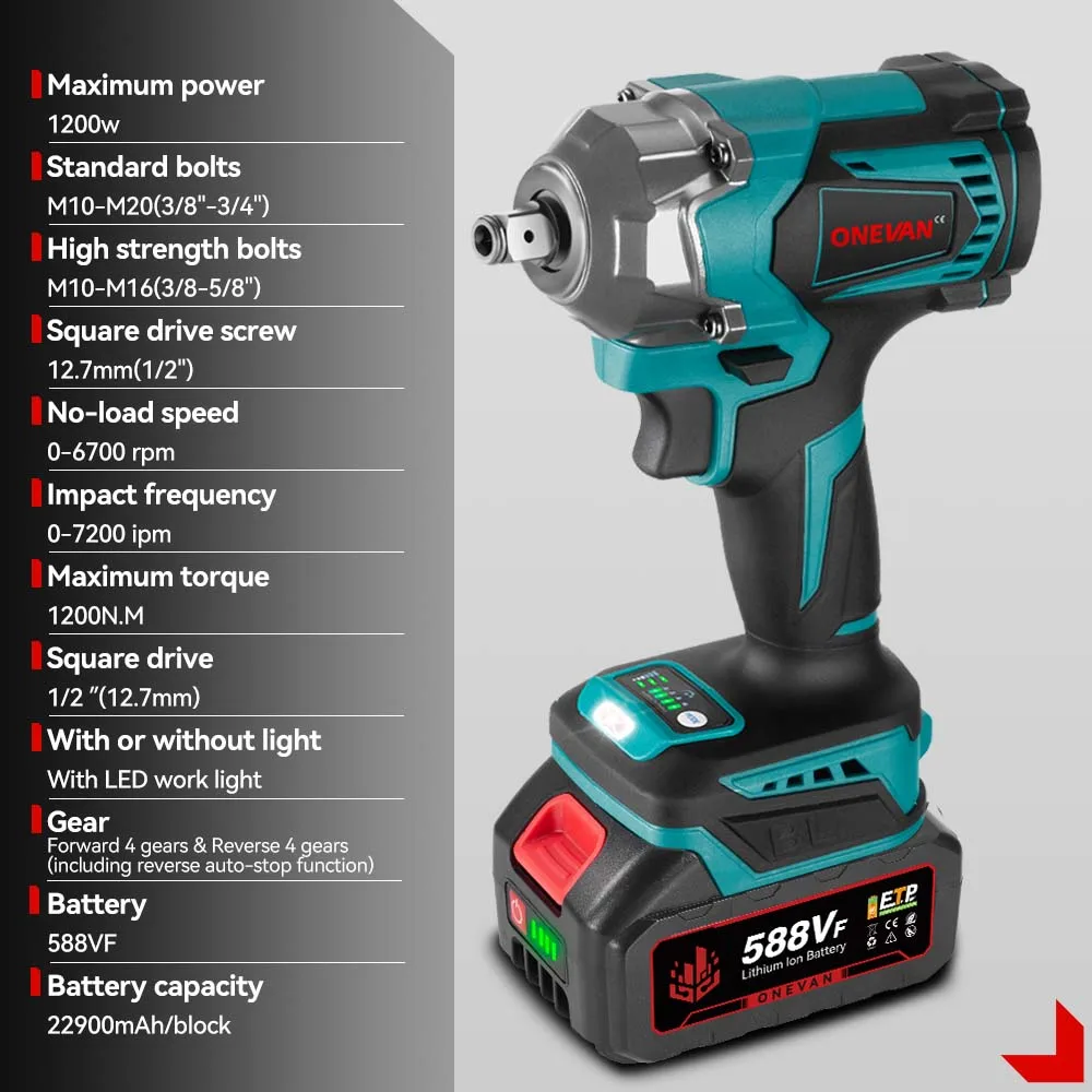 ONEVAN 1200N.M Brushless Electric Impact Wrench 3 Funtion 1/2" Cordless Portable Screwdriver Drill Tools For Makita Battery Pin - Image 2