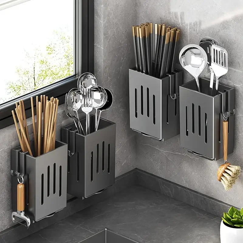 1pc/2pcs Wall-mounted Chopstick Holder Household Kitchen Sink Tableware Storage Rack Punch-free Drain with Water Tray with Hook - Image 2