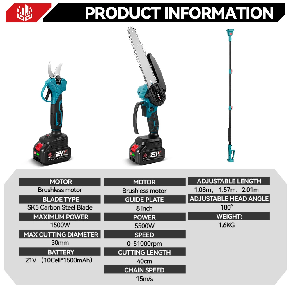 ONEVAN 4IN1 Brushless Telescoping Pole Electric Chainsaw Scissor High Branch Garden Pruning Tool For Makita 18V Battery Pin - Image 4
