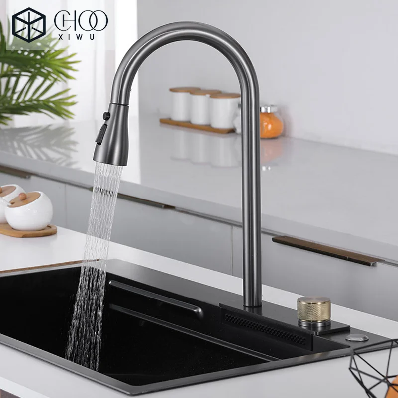 Popular Waterfall Faucet 304 Stainless Steel Hot And Cold Rainfall Kitchen Sink Water Taps Pull Out Spray Kitchen Sink Faucet - Image 3