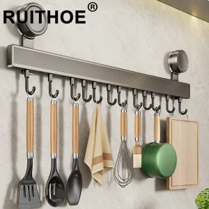 Kitchen Hook Hangers Wall Mount Rack No-Punching Wall Rail Kitchen Utensils Rack Spoon Shovel Chopping Board Storage Rack