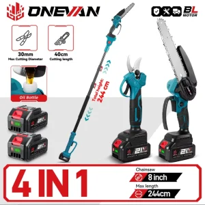 ONEVAN 4IN1 Brushless Telescoping Pole Electric Chainsaw Scissor High Branch Garden Pruning Tool For Makita 18V Battery Pin
