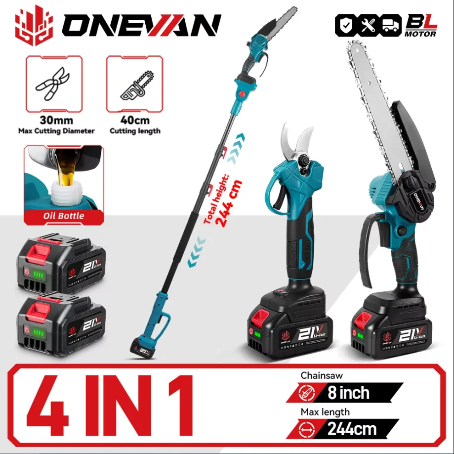 ONEVAN 4IN1 Brushless Telescoping Pole Electric Chainsaw Scissor High Branch Garden Pruning Tool For Makita 18V Battery Pin